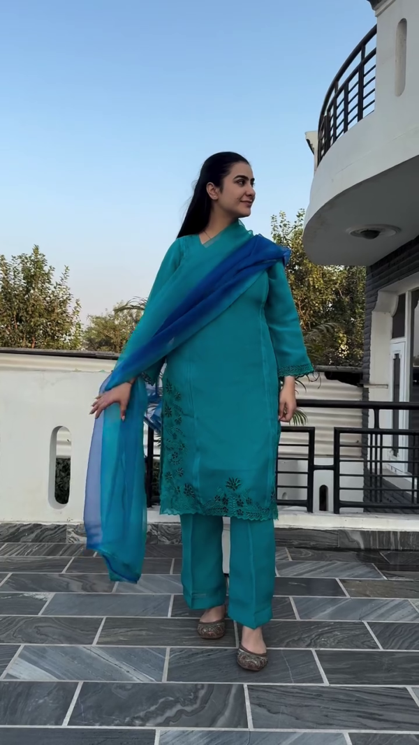 High Slit Sequinned Straight Kurta With Trousers & Dupatta