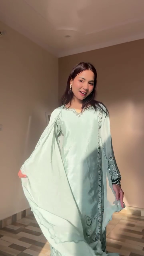 Women Jashn Zari Work A-Line Kurta With Trousers & Dupatta