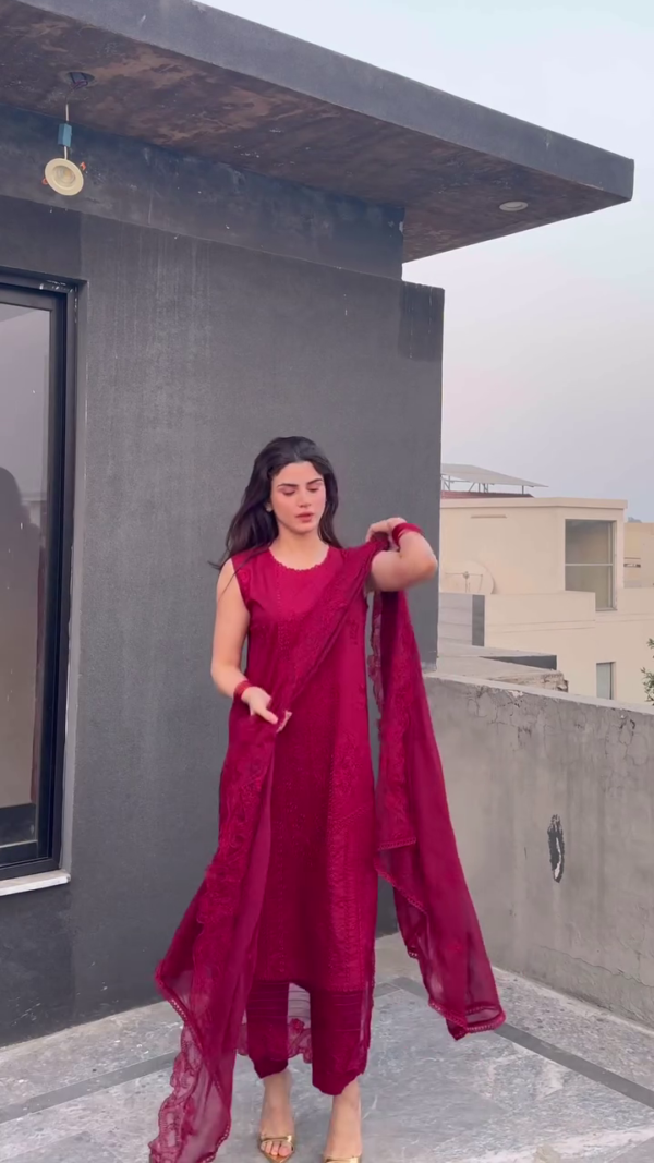 Embroidered Pleated Sequinned Kurta with Trousers & With Dupatta