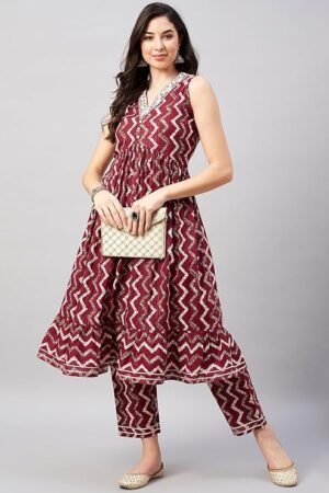 Chevron Printed V-Neck Regular Pure Cotton Anarkali Kurta With Trouser