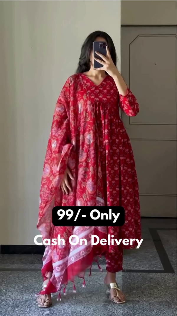 Floral Printed V-Neck Long Sleeves Pure Cotton Kurta with Trousers & With Dupatta