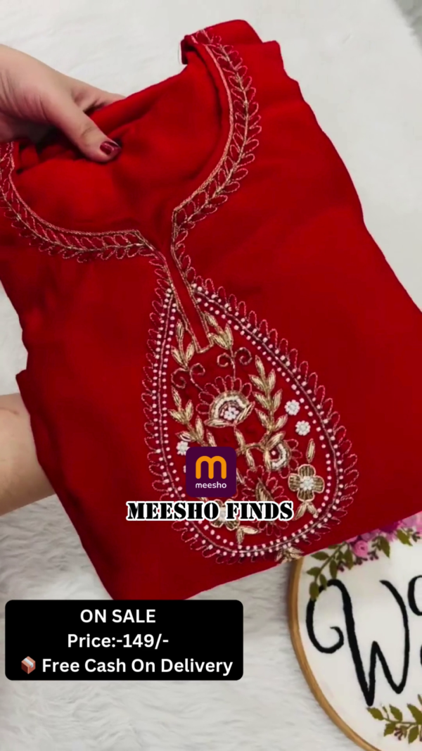 Red Color Embroidered Work Pv Cotton Unstitched Chudidar Dress Material