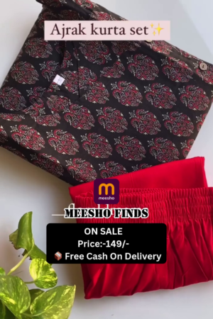 Black Floral Block Print Cotton Straight Kurta for Women