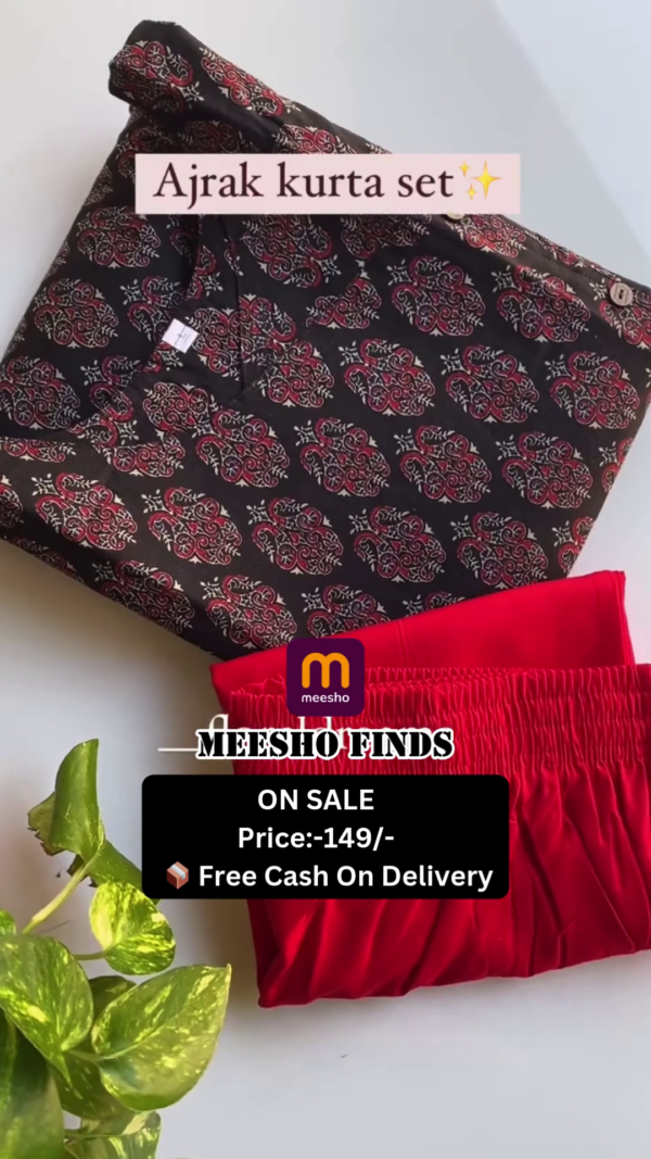 Black Floral Block Print Cotton Straight Kurta for Women