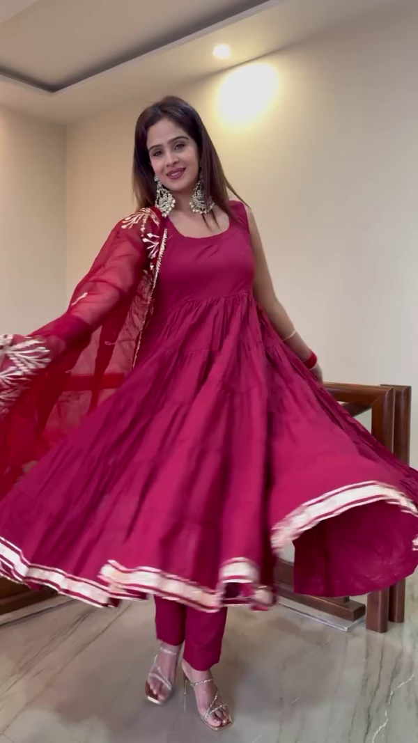 Round Neck Long Sleeves Layered Georgette Anarkali Kurta With Trouser With Dupatta