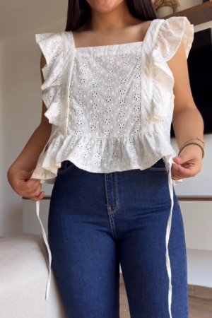 Frenchy Eyelet Embroidery Ruffle Trim Blouse