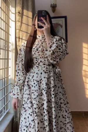 Beige Abstract Printed Puff Sleeves Wrap Top