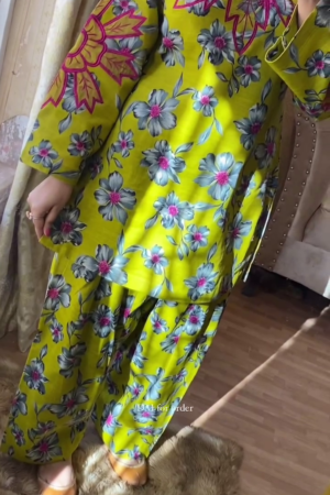 Floral Printed Tie Up Neck Bell Sleeve A-Line Kurta with Trousers