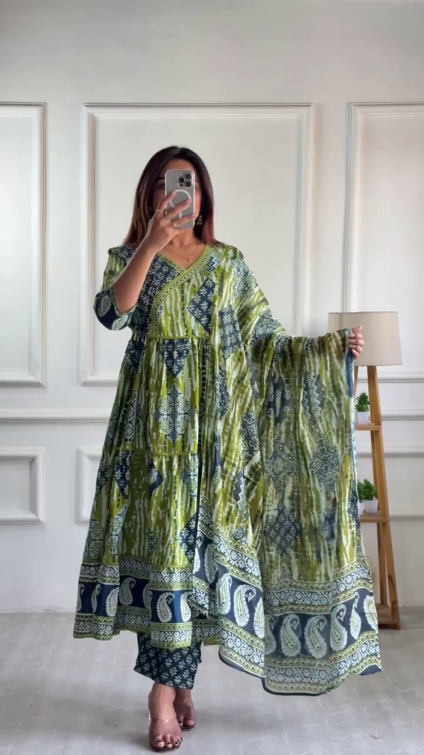 Green Angarkha Style Printed Cotton Anarkali Kurti Set