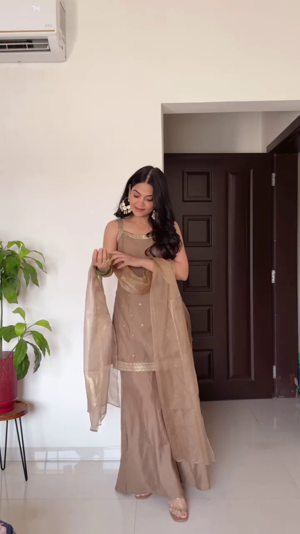 Brown Viscose Chanderi Straight Kurta with Palazzo and Dupatta