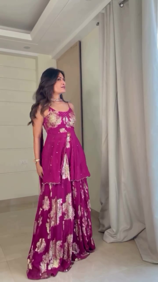 Women Pink Embroidered Sequinned Kurta with Sharara & With Dupatta