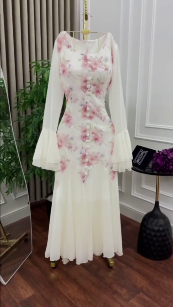 Self Design Flared Sleeves Tie Up Maxi Dress