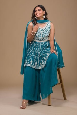 Turquoise Blue Threadwork Georgette Readymade Sharara Suit