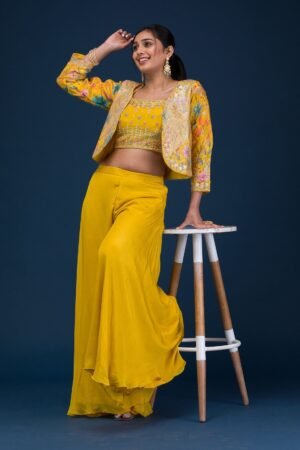 Yellow Zariwork Semi Crepe Readymade Salwar Suit